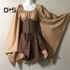 Women Long Sleeves Dress Medieval Vintage Fairy Elf Costume Bell Sleeve Retro Waist Cinching Patchwork Dress for Halloween Cosplay