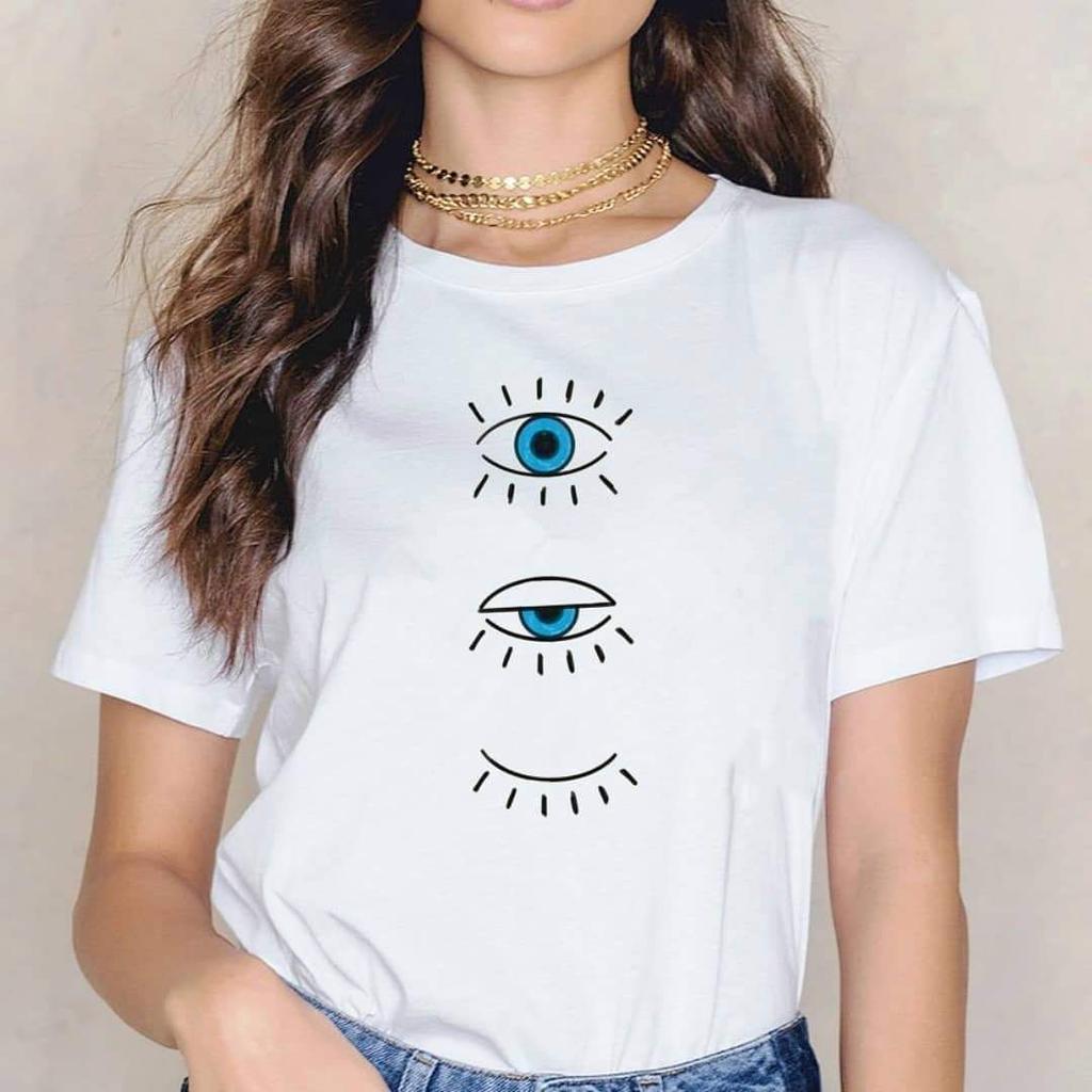 Devil's Eye Printed Tee Shirts 100% Cotton Womens Crop T-shirts O-Neck Short Sleeves Casual Loose Clothes Fashion Female Tops