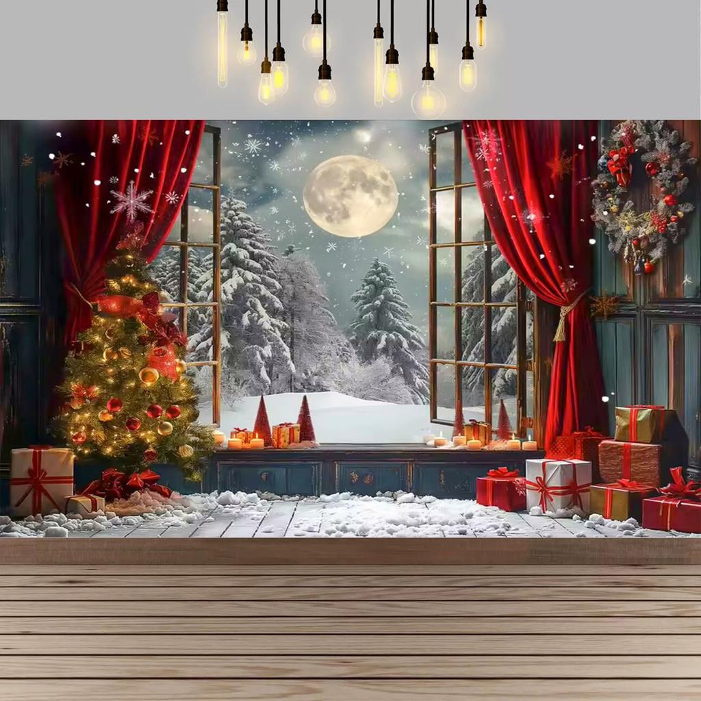 Christmas Red Curtain Decoration Backdrop Winter Snow Scenery Fireplace Santa Claus Photography Backdrop Holiday Party Supplies