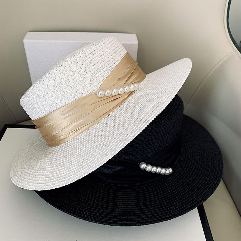 French Elegant and Elegant Pearl Straw Hat Women's Summer Outs Sunscreen Sun Hat Holiday Beach Hat Women's Sun Hat
