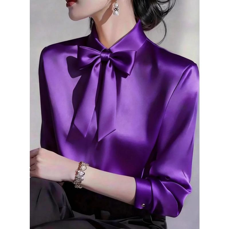 Elegant Satin Bow Tie Blouse for Women Long Sleeve Formal Office Shirt S