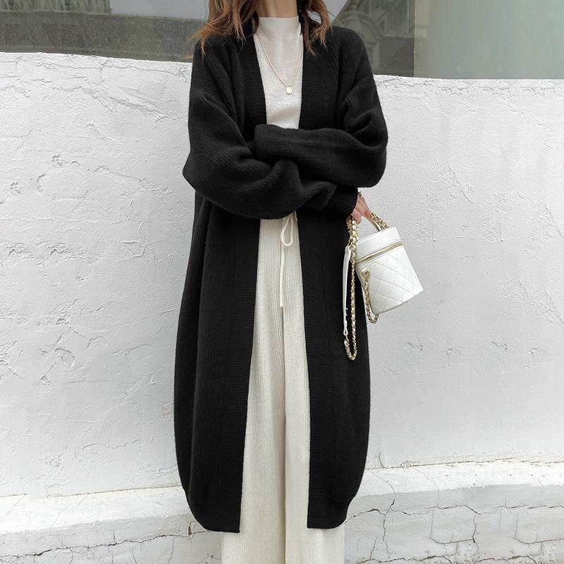 Lässiger Stil Langer Übergröße V-Ausschnitt Strickcardigan für Herbst und Winter Neuer Lockerer Einfarbiger Eleganter Pullover Damenmantel