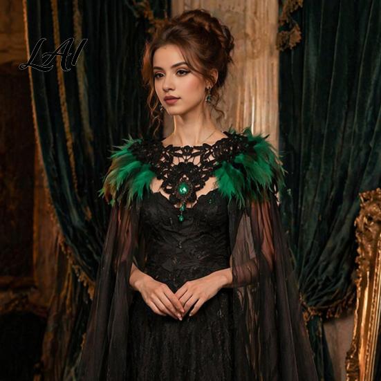 Gothic Shoulder Wrap Feather Cloak for Men Women Halloween Tulle Cape with Dance Performance Shawl Shrug Witch Cosplay Costume Party Festival Outfit
