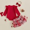 Baby Girls Valentine Outfit Letter Print Long Sleeve Romper and Heart Tulle Skirt Cute Headband 3 Piece Clothes