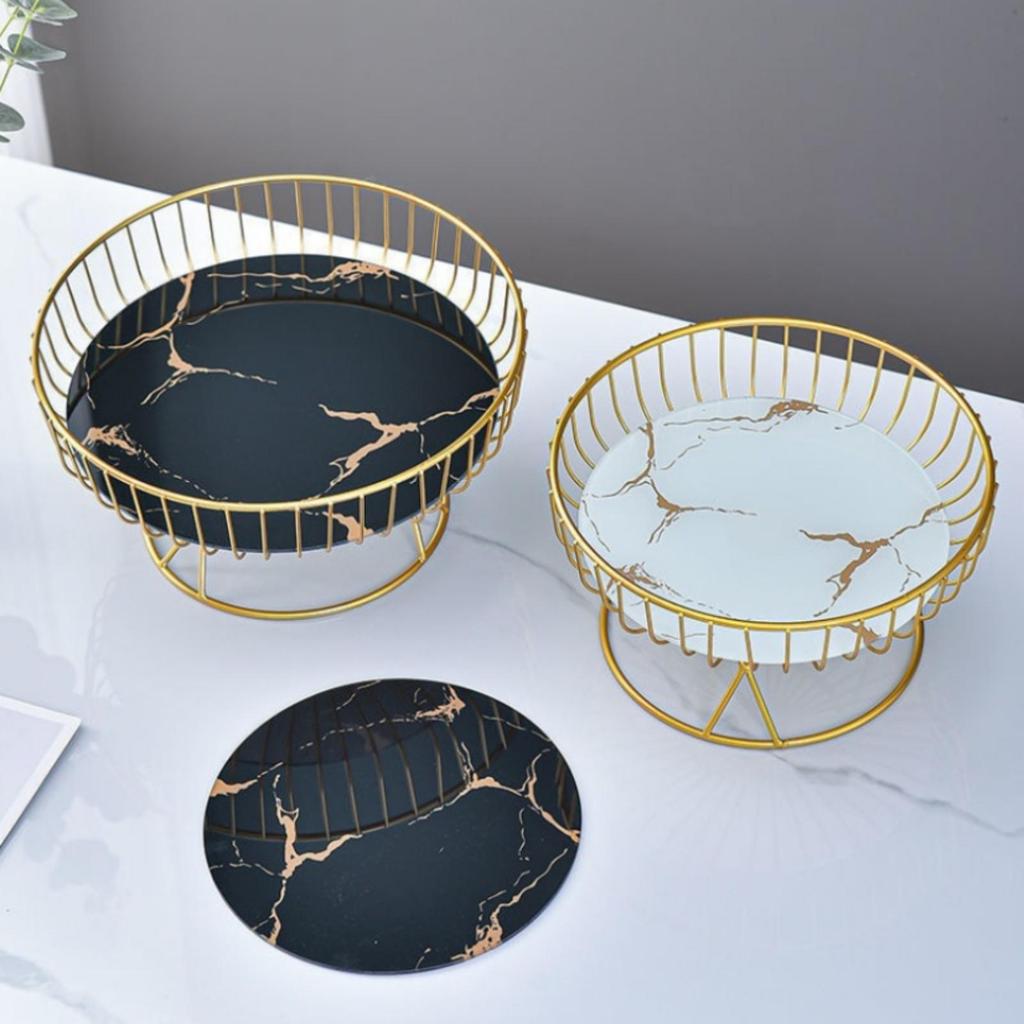 Wire Fruit Basket with Glass Tray Marble-Style Elevated Pedestal
