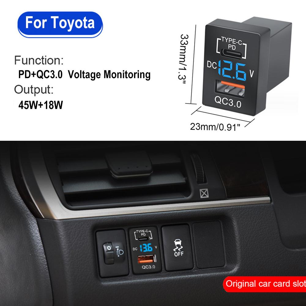 12V-24V Car Charger Socket Adapter Dual USB Ports Fast Charger Socket with Voltage Display for Toyota Auto Accessories 40X22mm