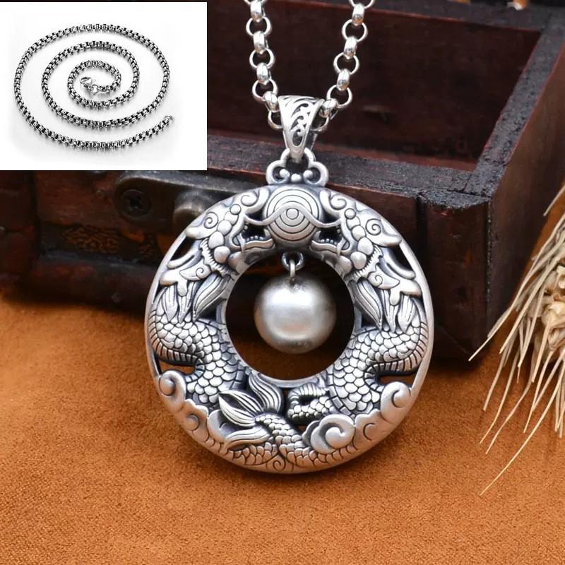 Vintage Double Dragon Pearl Pendant Necklace Women Men Long Chain With Copper Charm Retro Ethnic Style Jewelry