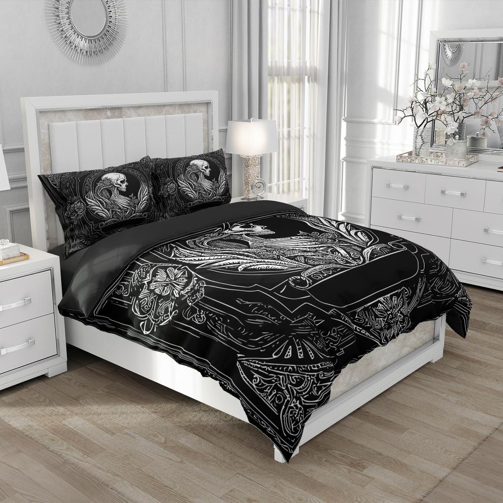Skull & Skeleton Gothic Vintage Duvet Cover Set 200x200cm King Size Bedding Set Halloween Home Decor Boho Dark Fantasy Bed Set