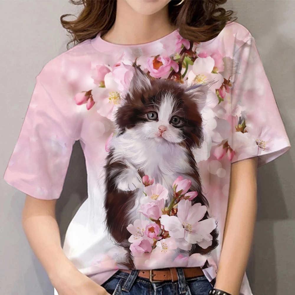 

Harajuku style round neck women s top - summer fashion 3D printed cat pattern XS