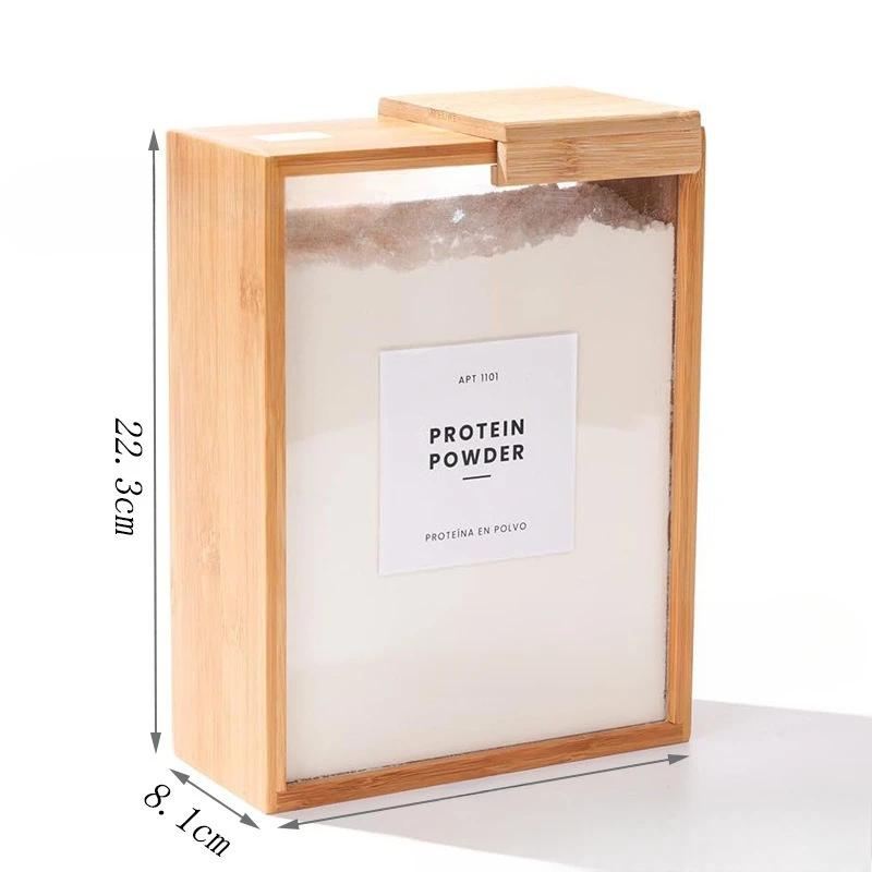 Bamboo Wooden Grain Storage Box Airtight Square Kitchen Pantry Organizer Transparent Food Container for Rice Cereal Dry Goods
