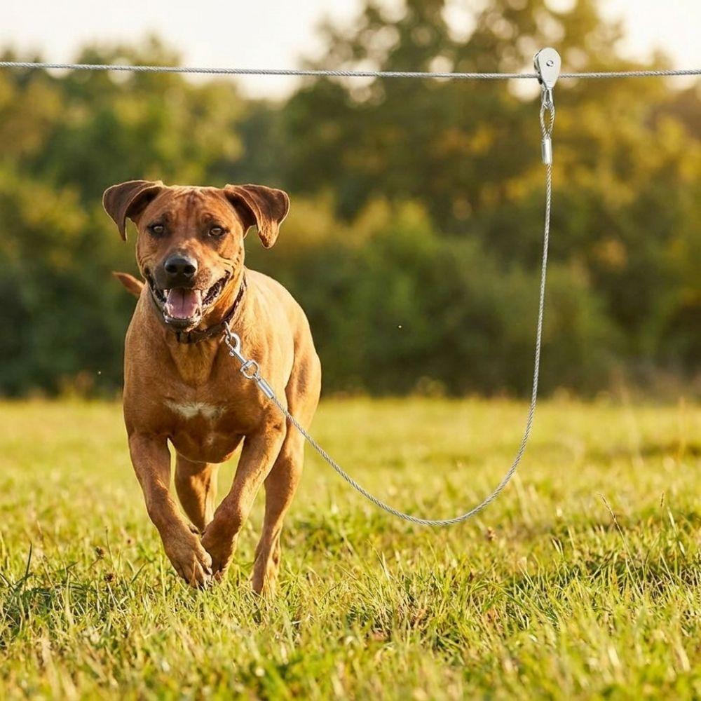 15/30M Dog Runner for Yard Metal Buckle Dog Tie Out Trolley Wire Rope Outdoor Yard