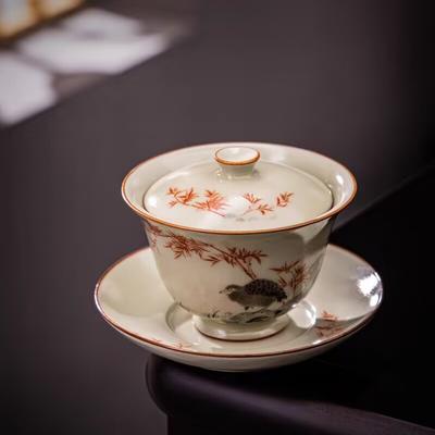 Secret Huang Ru Kiln Sancai Gaiwan Teacup Ceramic Single Chinese Retro Open Film Hovering Tea Bowl Kung Fu Tea Set