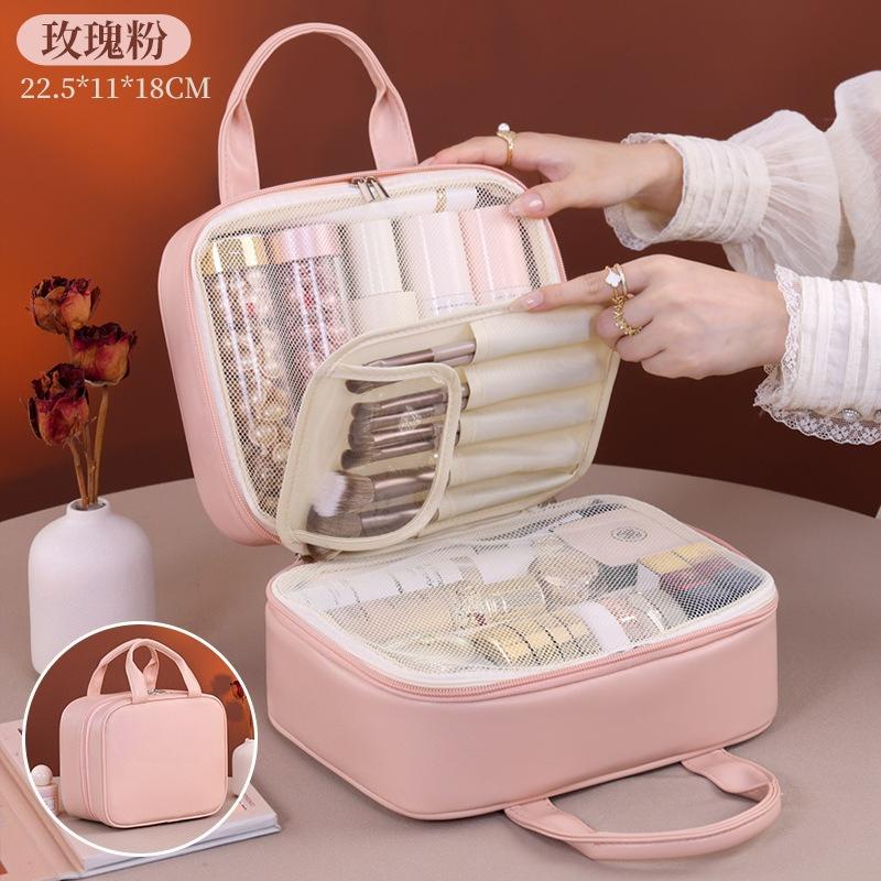 Multifunctional Makeup Bag for Women PU Leather Large Capacity Portable Double Zipper Travel Makeup Brush Toiletries Storage Bag