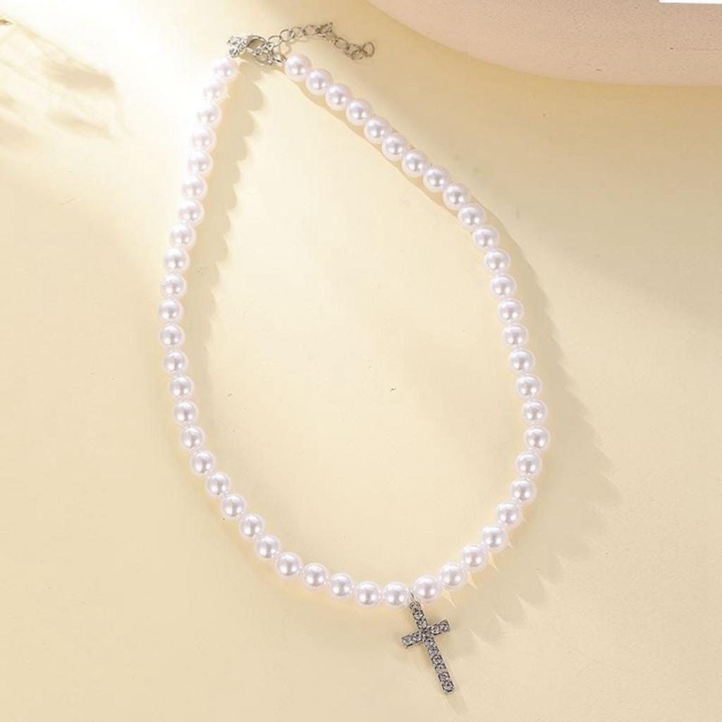 European And American Fashion Cross Diamond-encrusted Pearl Necklace, Individual Style Pendant.