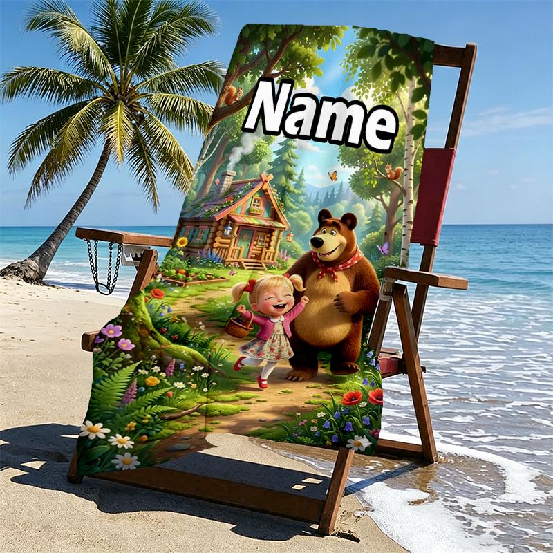 Asciugamano da Spiaggia Personalizzato con Nome Masha e Orso, per Viaggio Campeggio Festa in Spiaggia Decorazione Casa, Regalo di Compleanno per Famiglia e Amici