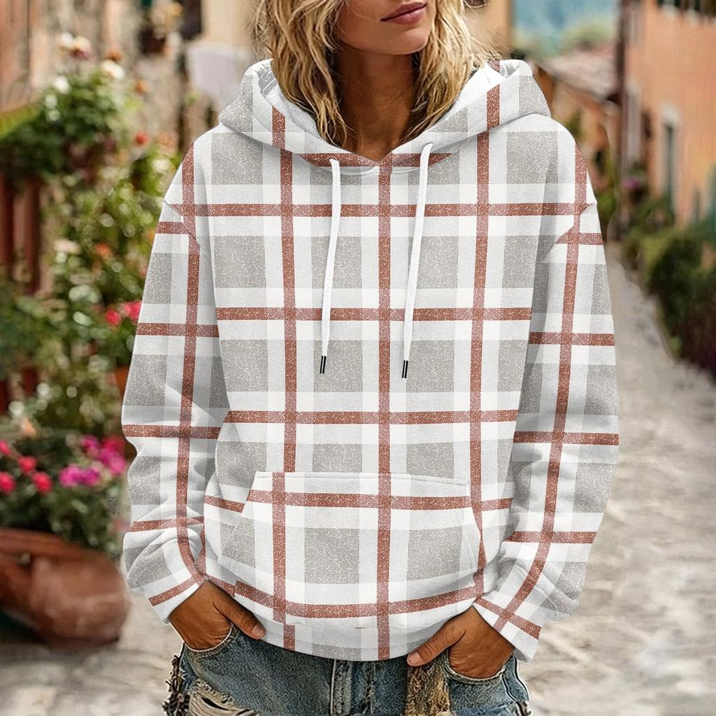 Women's Plaid Print Hooded Sweatshirt with Pockets And, Long Sleeve Casual Top