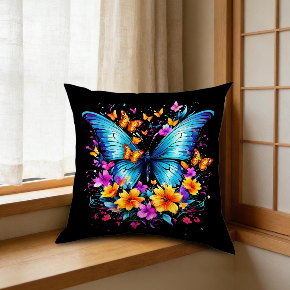 1Pc Black Butterfly Floral Print Cushion Cover Soft Fabric for Sofa Bedroom Home Decor