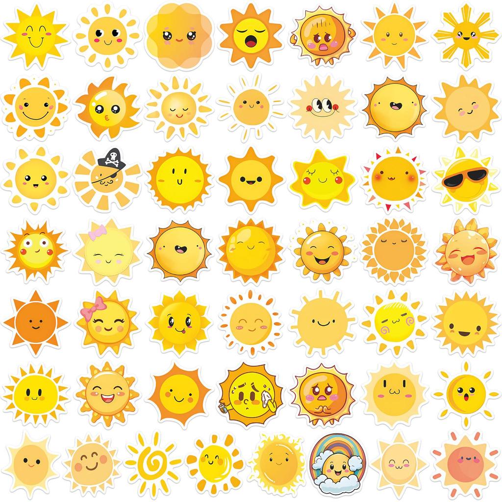 50 Cartoon Sun Expression Stickers: Waterproof Decorative Set for Scrapbooking, Notebooks, and Luggage
