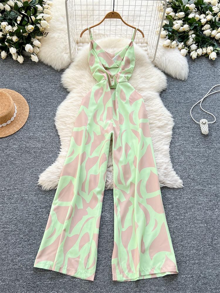 

Жіночий святковий модний комбінезон на бретелях-спагеті, плісований, приталеного крою, з широкими штанинами, пляжні штани з принтом, літні повсякденні ромпери One Size світло-зелений колір