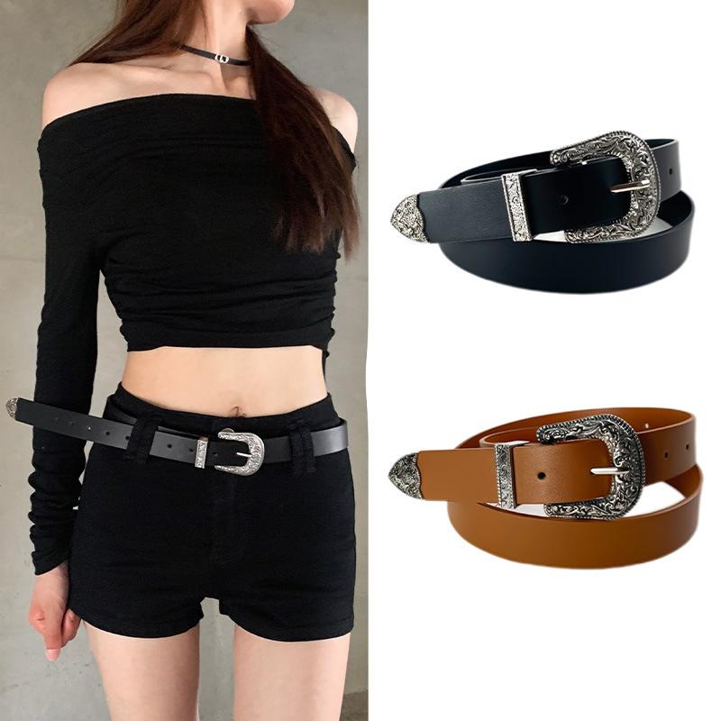 Women'S Belt Vintage Carved Needle Buckle Punk Hip Hop Rock Style Jeans Belt Y2K Belt Pu Leather Belt