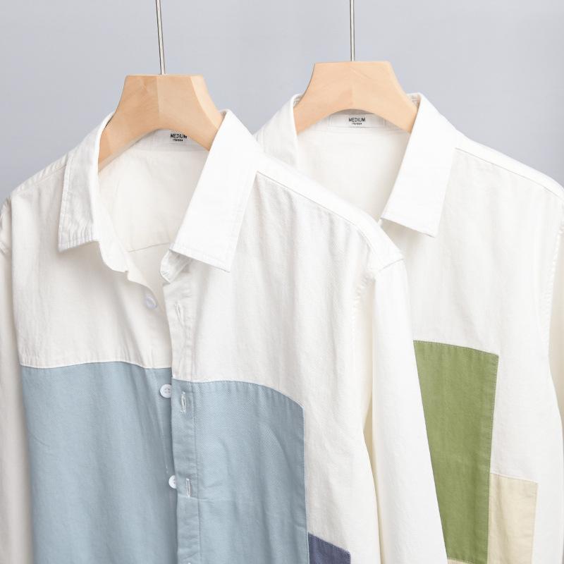 Korean Style Long Sleeve Men Shirt Lapel Collar Stitching Design Shirts Youth Pure Cotton Casual Shirt Comfortabl Men Tops Slim Fit