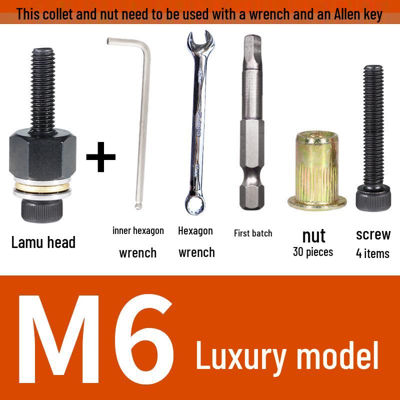 Multi-Purpose Electric Rivet Tool with Manual Wrench and Nut Head Attachment