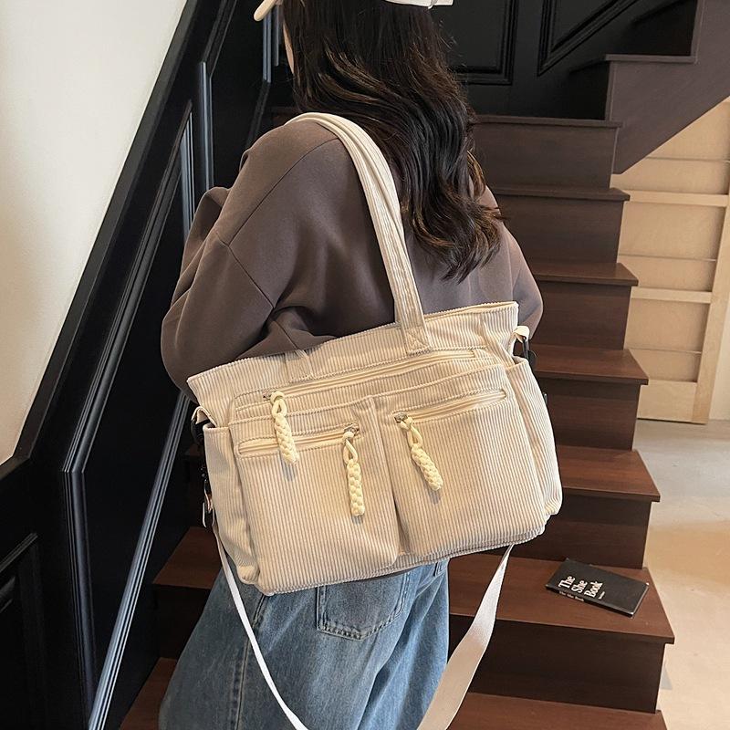 Corduroy Simple Poop Carrying Shoulder Bag for Women Adjustable Shoulder Strap Crossbody Bag Large Capacity Commuting Handbag