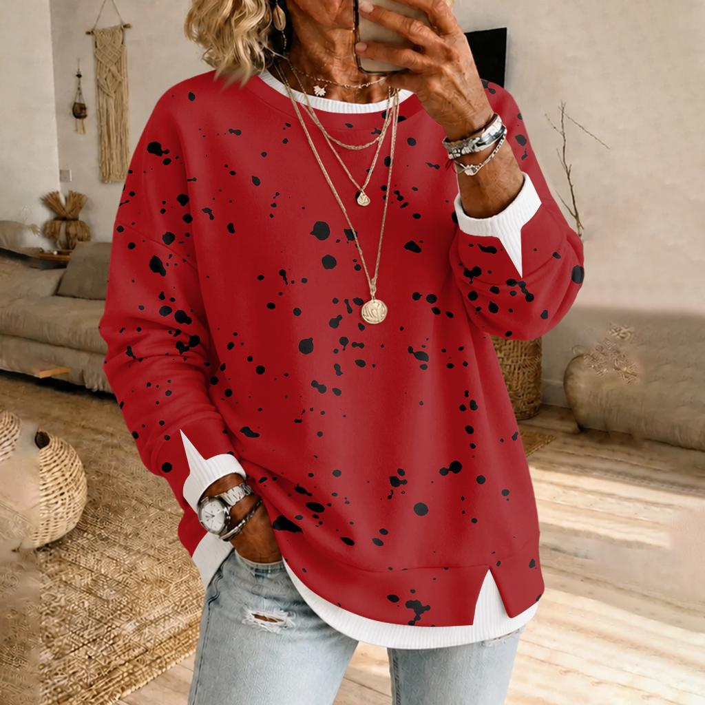 Women's Casual Long Sleeve Polka Dot Pullover Top Two Piece Neck Blouse