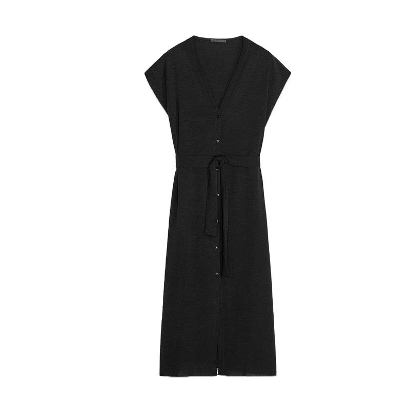 

Summer New Product Women s Clothes Breasted Decoration V Neck Drop Shoulder Short Sleeve Waistband Vertical Dress 1165265 Black L