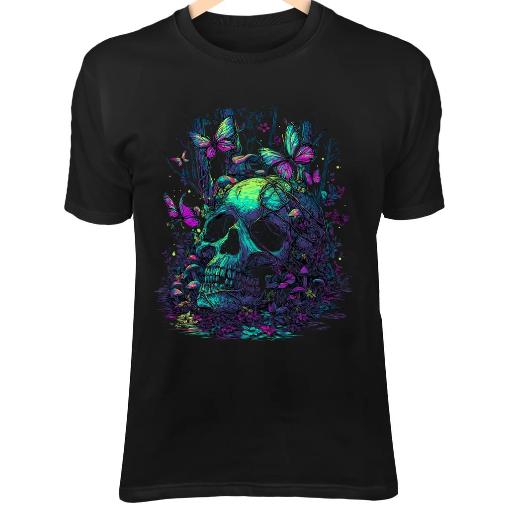 Forest Skull Art - Neon Mushrooms, Wildflowers, Vines & Glowing Butterflies