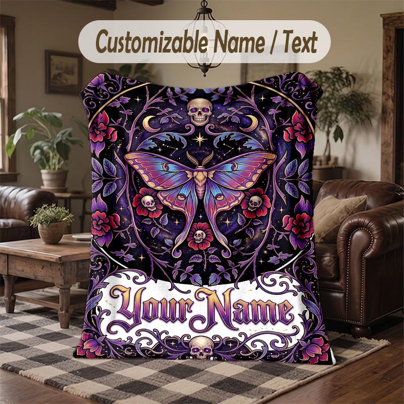 Ethereal Moth Dreamscape Theme Throw Blanket Custom Name Text Personalized Blanket Soft Cozy Blanket for Home Sofa Bed