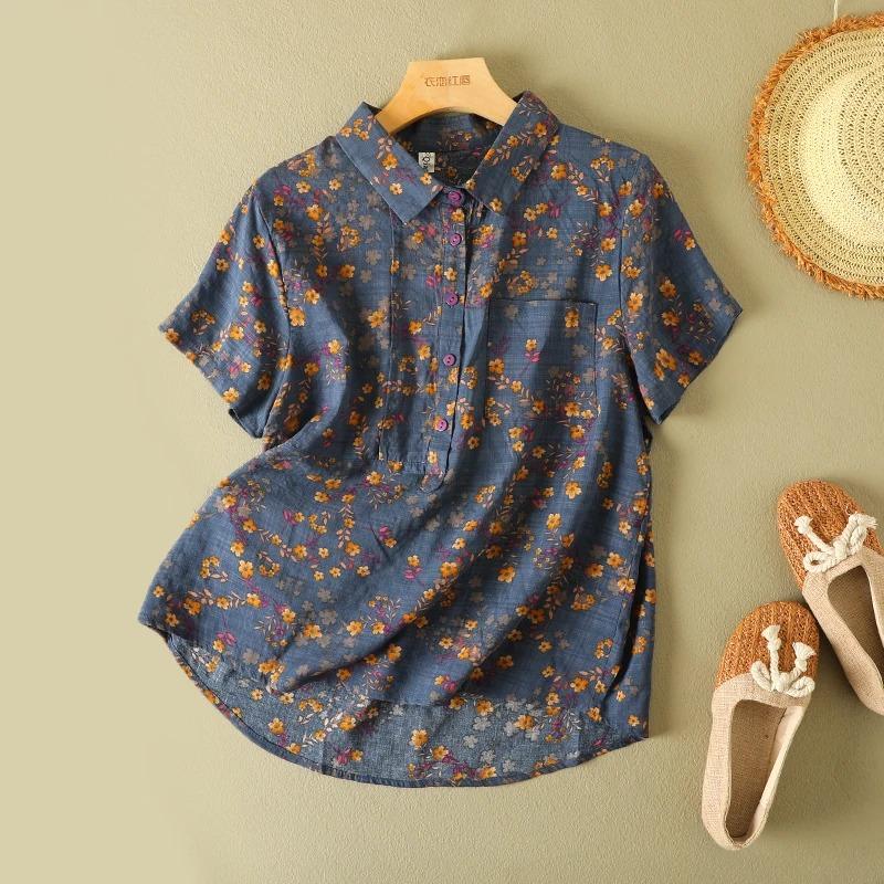Vintage Floral Print Women's Shirt Summer Fashion Short Sleeve Pocket Loose Casual Blouse Comfortable Soft Thin Daily