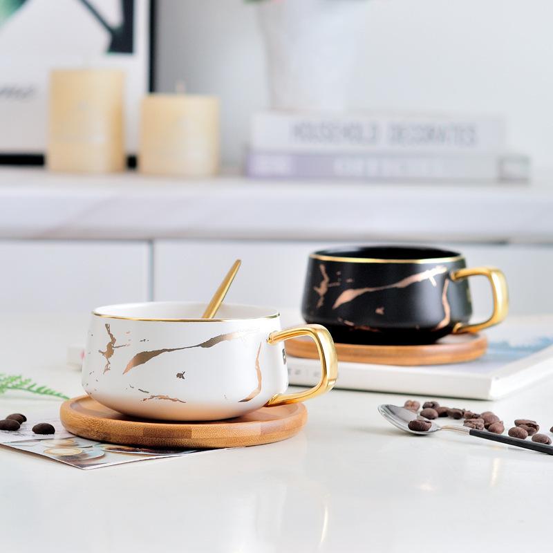 Nordic Marble Ceramic Coffee Mug Set With Lid Spoon Saucer Creative Couple Cup for Home Office Breakfast Afternoon Tea Gift