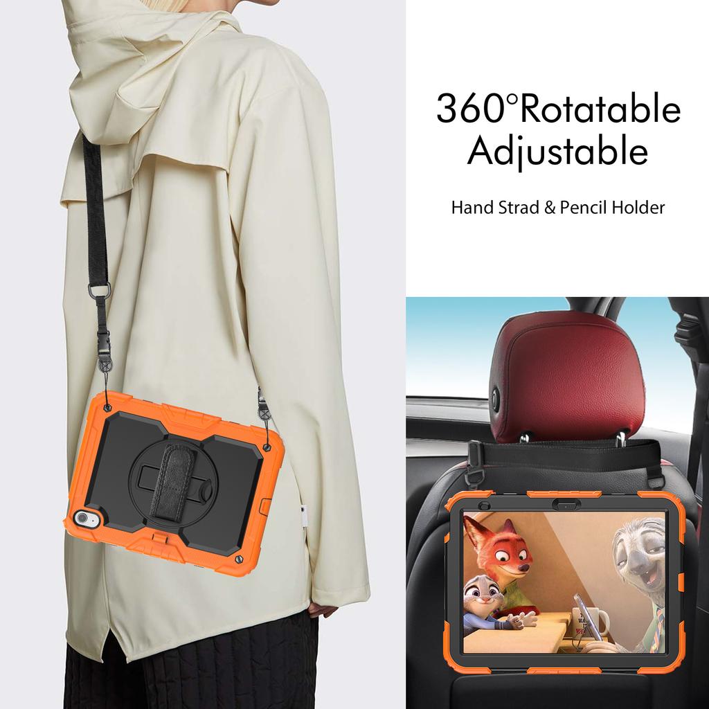 For IPad 10th Generation Case 10.9 Inch , Military Grade Shockproof Protector Silicone Cover Pencil Holder+Handle Shoulder Strap