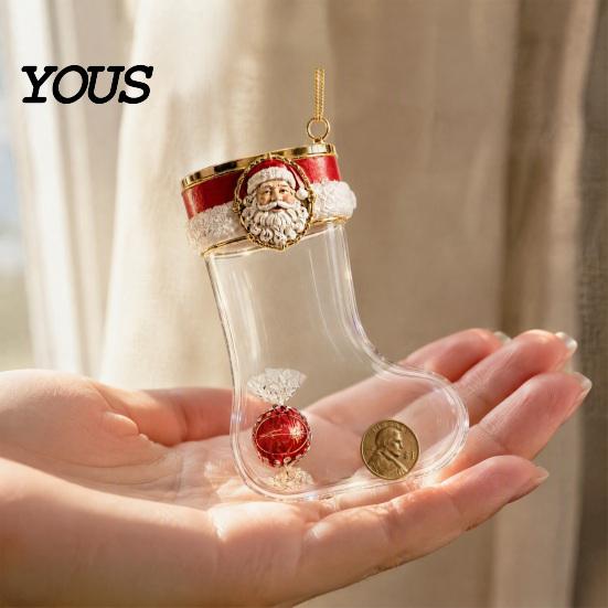 Decorative Stocking for Christmas Tree Fillable Acrylic Ornament, Transparent Candy Filled Plush Glitter Ornaments Hanging Decor, Santa Snowman
