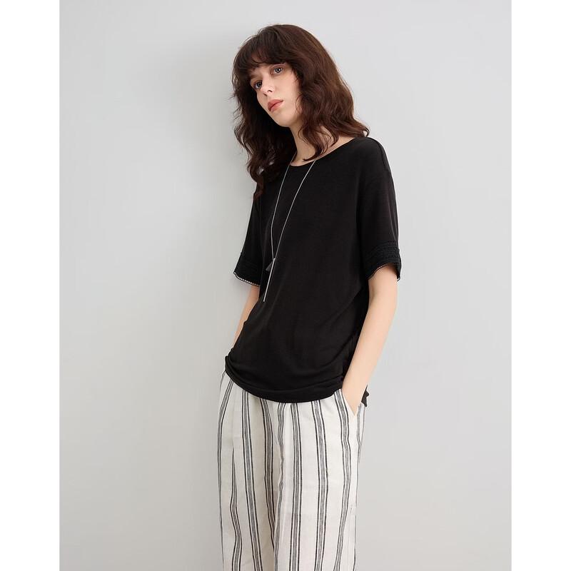 Women's Elegant Wool Blend Short-Sleeve Tee with Lace Trim