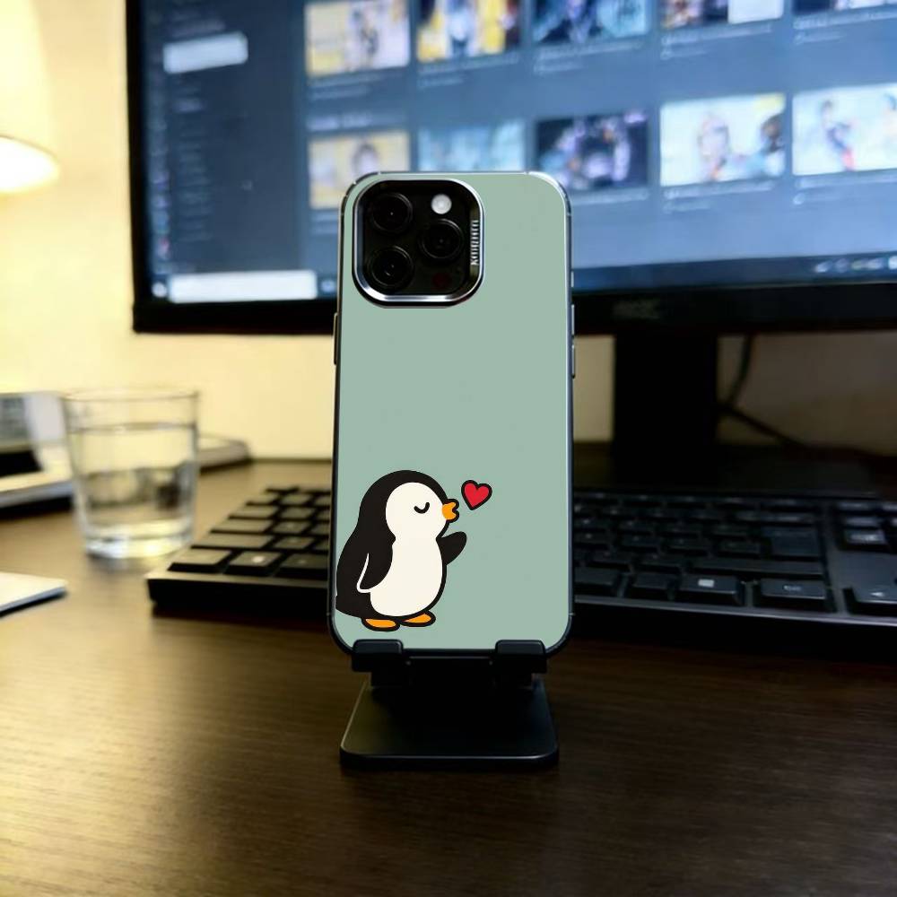Penguin Kawaii Cute Cartoon Phone Case For iPhone 17,16,15,14,13,12,11 Plus,Pro Max,XS,Colored Silver Plated Inside Cover