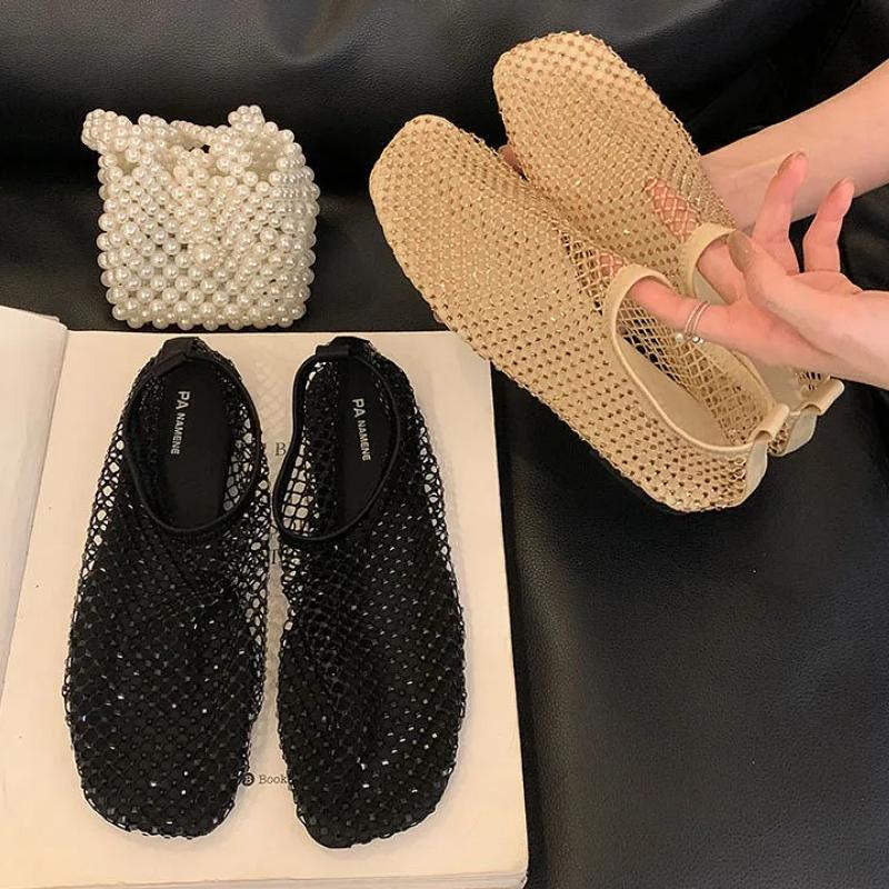 Luxury Mesh Rhinestone Sandals Women Slip on Breathable Bling Beach Shoes Non-slip Summer Flats Slides Shoes Women