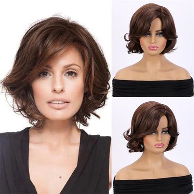 Păr Sintetic Elegant Scurt Ondulat cu Valuri Maro Perucă Bob cu Cărărare Laterală pentru Femei Natural Pufos pentru Utilizare Zilnică, Cosplay, Petrecere