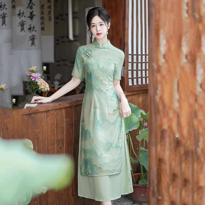 Womens Modern Chinese-Inspired Linen Silk Blend Dress Vintage Short Sleeve High Neck Qipao Style Medium