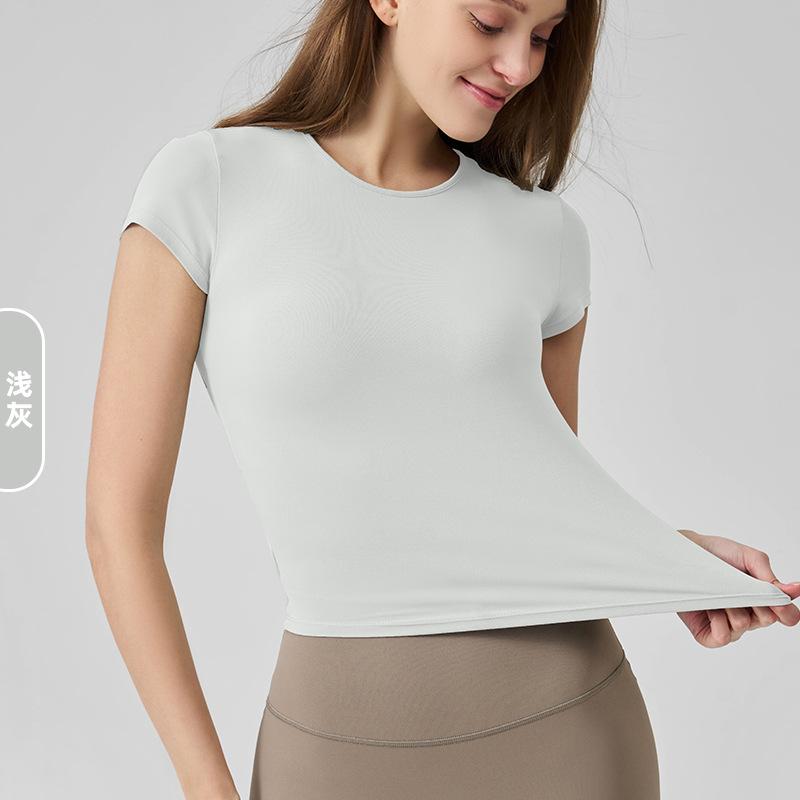 Summer nude round neck thin yoga clothes top tight waist outdoor breathable high elastic fitness sports short sleeves women
