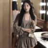 New Black Streamer V-neck Long-sleeved Dress for Women's Early Autumn Thin High-waisted Skirt