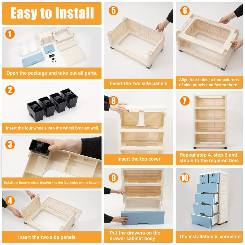 6-Drawer Modular Storage Cabinet – PP Plastic Dresser with Wheels & Locks – White/Blue – 50 x 35 x 102 cm