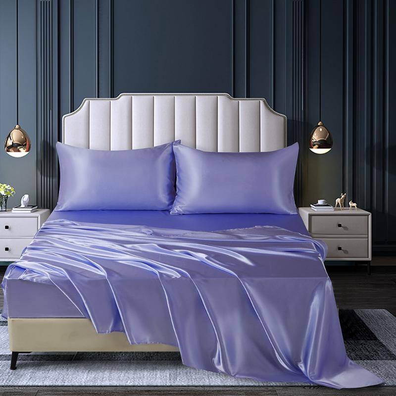 Summer Satin Silk-like Bed Sheet Set (Flat Sheet + Fitted Sheet + Pillowcase) Solid Color Mattress Cover Twin Full Queen Size