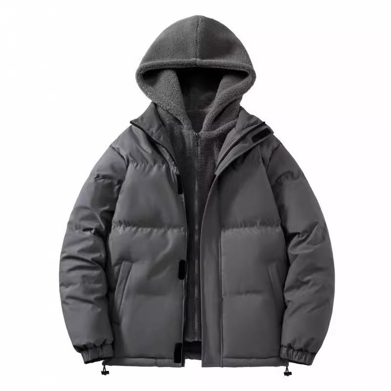 Large size fake two-piece cotton-padded clothes, men's trend loose and thickened fleece, solid color hooded clothes, simple cotton-padded jacket