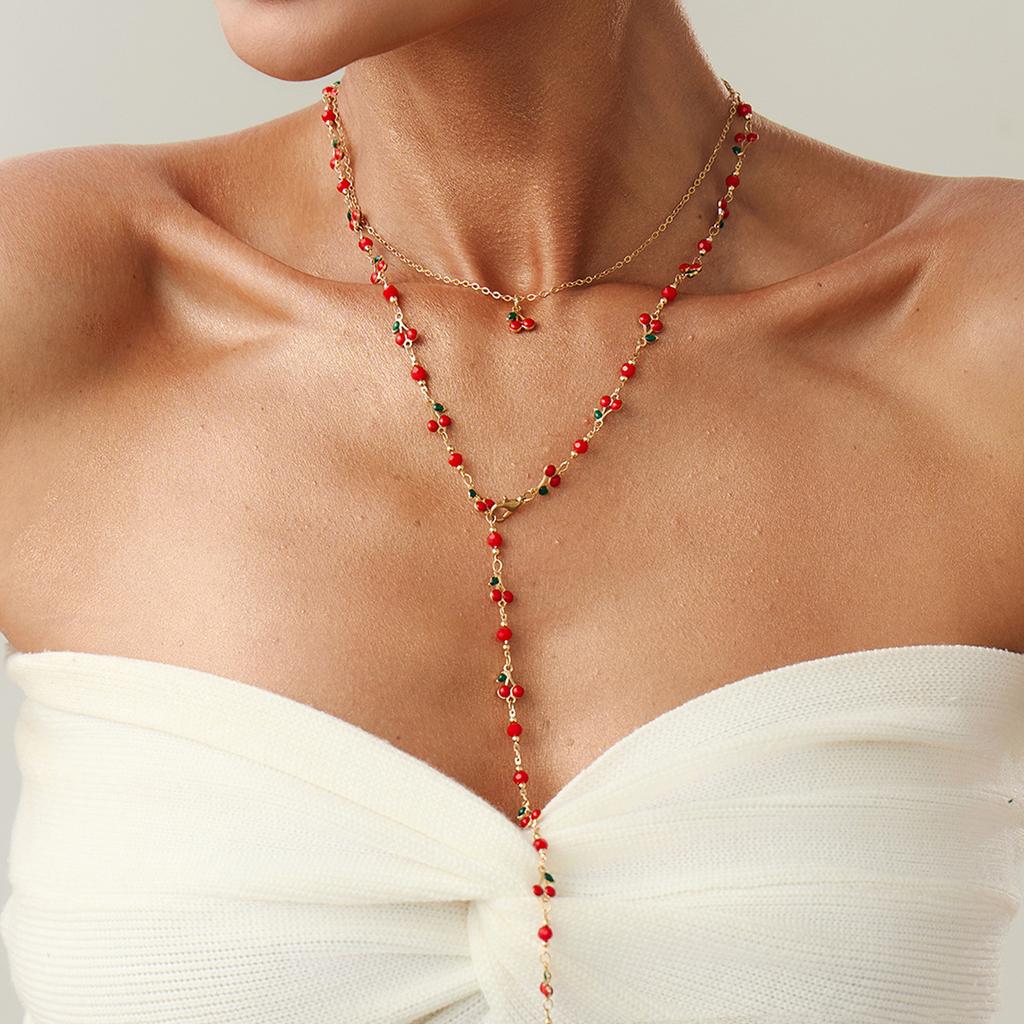 Sweet Wind Drip Oil Cherry Pendant Long Necklace, Metal Stacked Fruit Series Clavicle Necklace