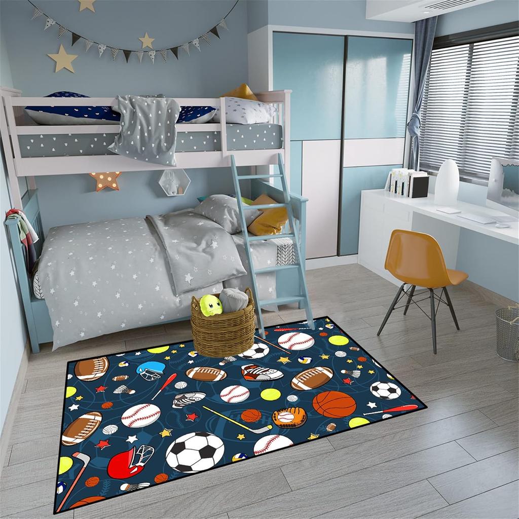Sports Balls Rug for Boys Bedroom, Football, Basketball, Soccer Carpet, Non-Slip Sports Room Decor Rug for Kids