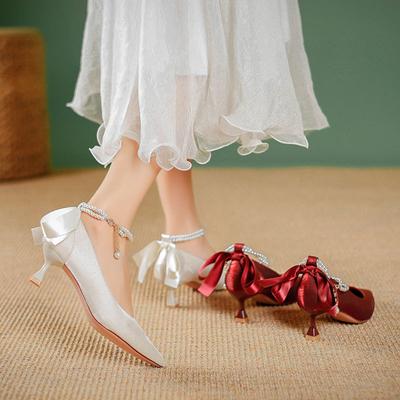 Red Wedding Shoes Bow Pointed High Heels Thin Heel Mary Jane Women's Shoes New Pearl Medium Heel Single Shoes