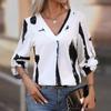 Women Black White Abstract Print V Neck Roll Tab Long Sleeve Casual Blouse