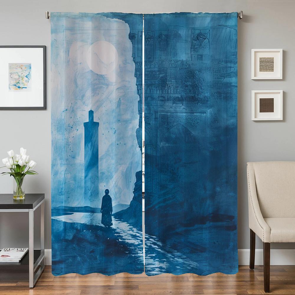 Kitchen Curtains for Living Room 2 Pieces Blackout Curtains Door Curtain Ancient Architecture Partition Bedroom Decoration Shade